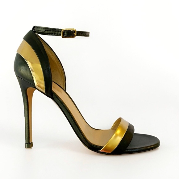 Gianvito Rossi Shoes - GIANVITO ROSSI BLACK GOLD LEATHER ANKLE STRAP OPEN TOE STILETTO HIGH HEELS